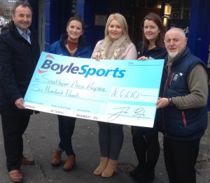 Pictured at BoyleSports Office Mill Street Newry Mayor Naomi Bailie, Aoife Heffron of BoyleSports,Anne Mac Oscar Regional Marketing Officer with the Southern Area Hospice, Pat Mc Ginn & Lawrence Mc Cabe