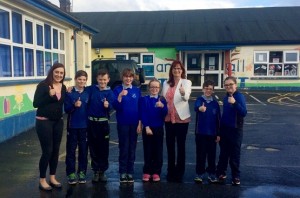 South Armagh Sinn Féin MLA Megan Fearon with Principal Lousie Campbell and pupils from Primary 7 in Killean PS