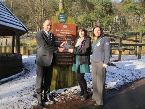 Chairperson of Newry, Mourne and Down District Council, Councillor Mickey Ruane with Michelle Boyle, Tourism Officer and Therese Hamil, ring of Gullion Tourism Officer celebrating Slieve Gullion receiving an award for the Best Outdoor Recreation for Families.