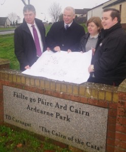 (From left to right): The Housing Executive’s Area Manager Owen McDonnell, the Housing Executive’s South Region Area Manager Comghal McQuillan, Paula McGuigan and James Treanor of the Carnagat Community Association unveil plans for a £1.2million investment in the Ardcarne Park area of Newry