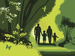 Digital art of a family walking through the woods