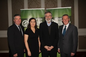 Gerry Adams Sinn Féin President pictured with Cathal Boylan, Conor Murphy and Megan Fearon at the official launch of their AssemblybElection 2017 Campaigns