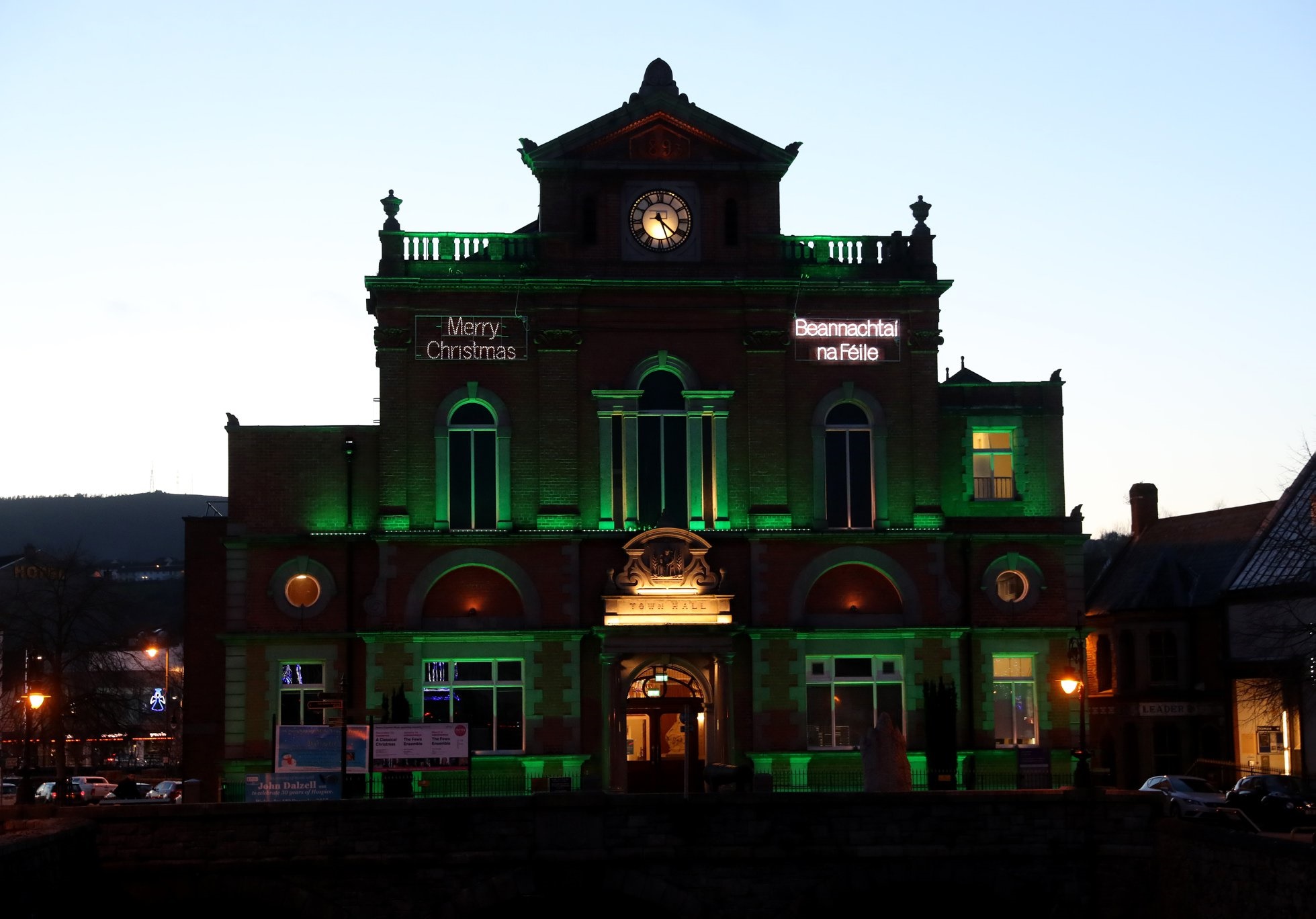 Newry Town Hall illuminated green in support of NSPCC NI back in 2019 - Newry what's on