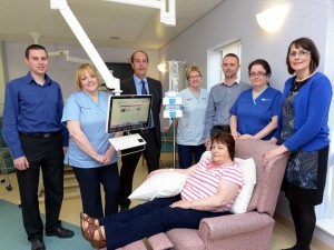 Moira McCullagh who uses the bedside entertainment system during her treatment at the Mandeville Unit at Craigavon Area Hospital.
